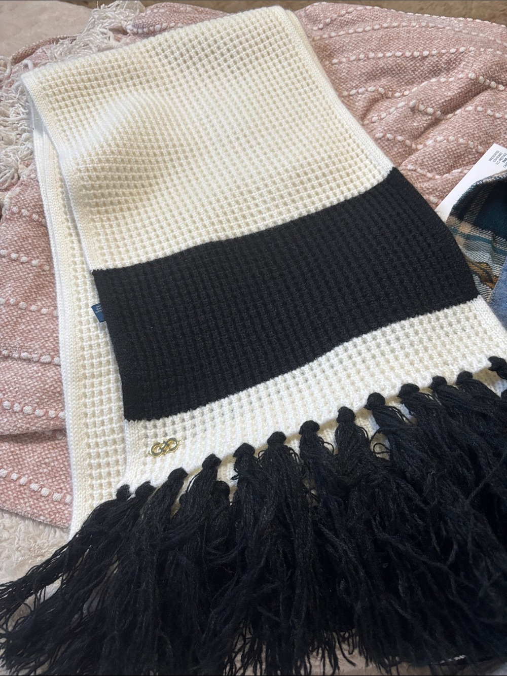 Cole Haan Black and Cream Waffle Knit Fringe Scarf